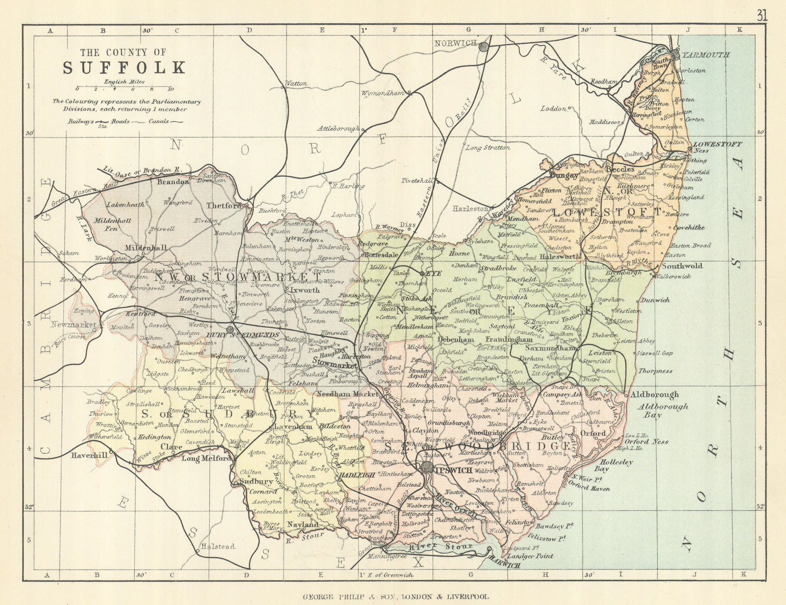 SUFFOLK. Antique county map. Railways roads canals. Constituencies. PHILIP 1889